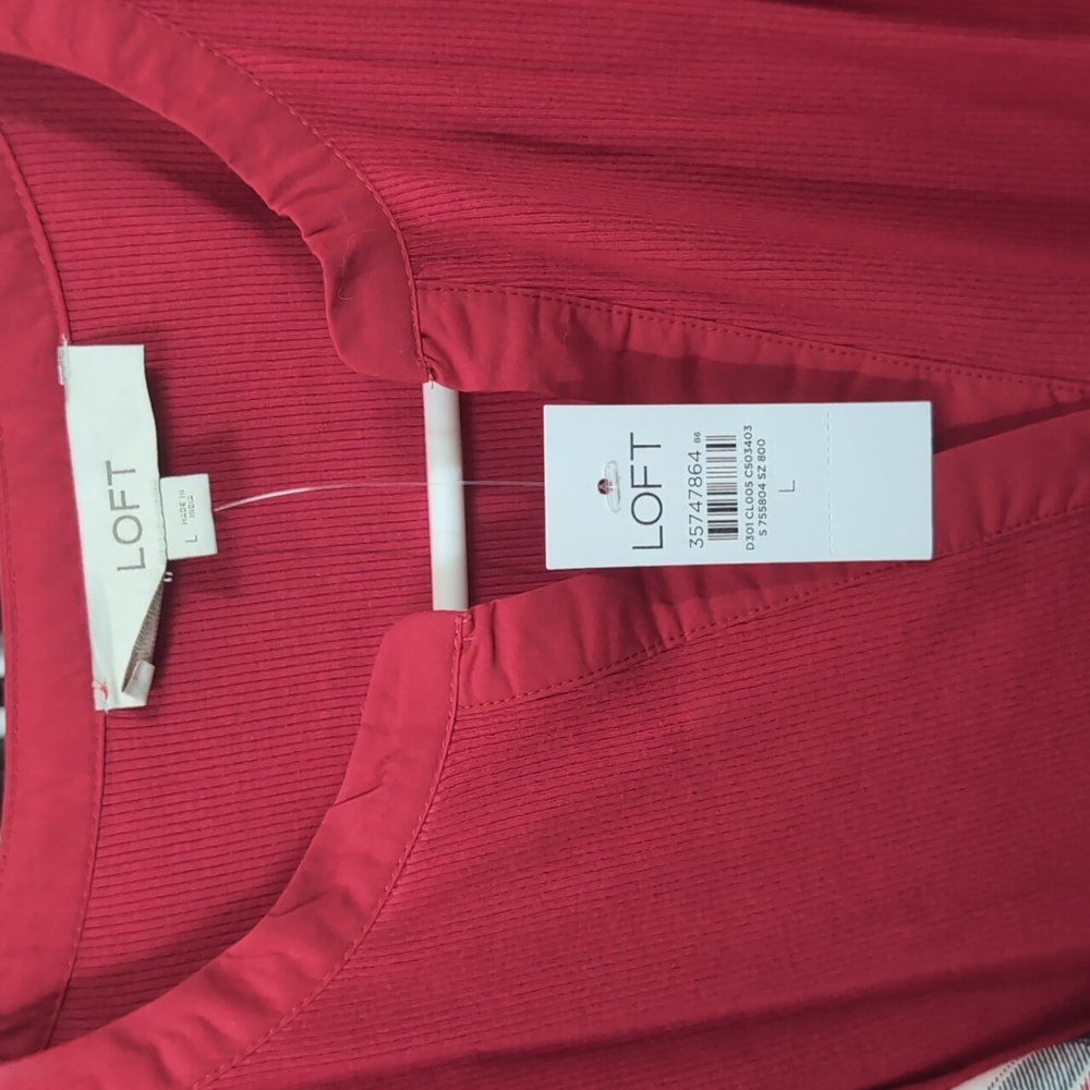 NWT LOFT plaid blouse top red Henley holiday long sleeve large women's - Picture 6 of 9